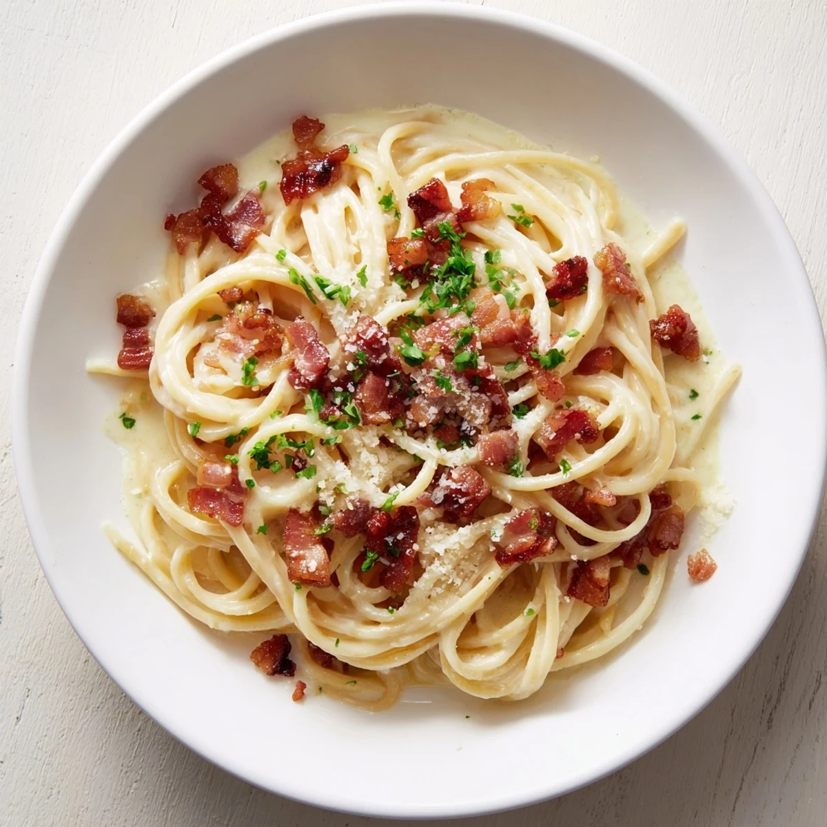 Silky, creamy carbonara, ready in 15 minutes, with crispy pancetta on a bed of pasta.
