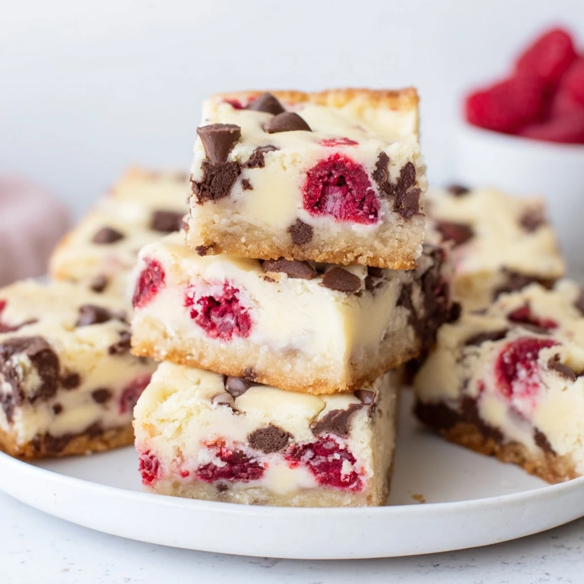 A close-up of buttery, chewy Decadent White Chocolate and Raspberry Blondies, perfect for an indulgent dessert.