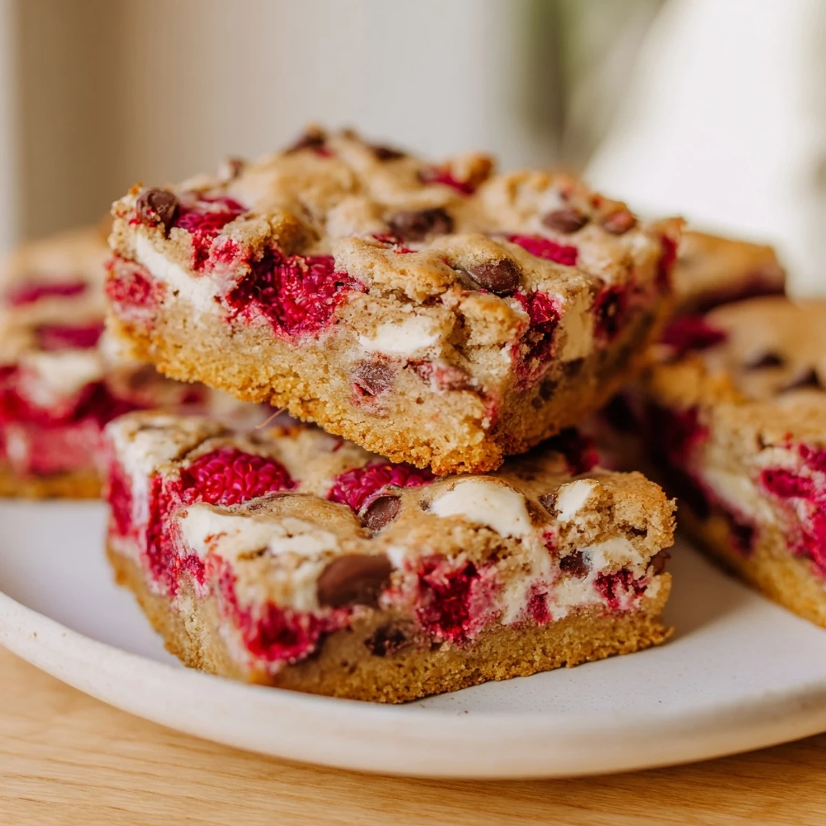 Golden brown Decadent White Chocolate and Raspberry Blondies with a generous scattering of ruby-red raspberries.