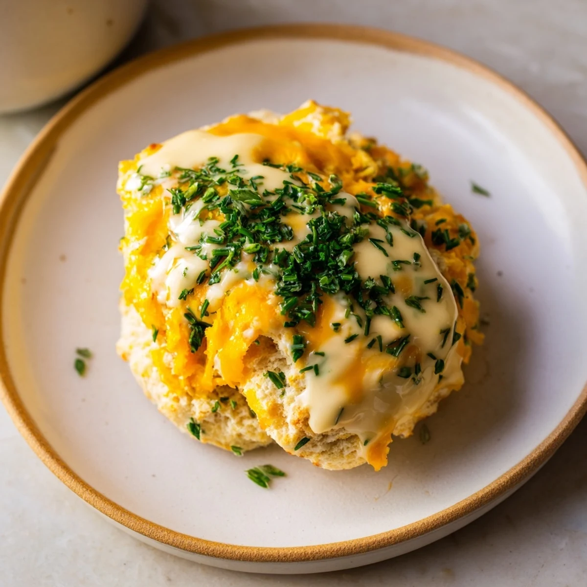 Golden cheddar and chive scones, golden-brown and flaky, fresh from the oven, ready to serve warm.