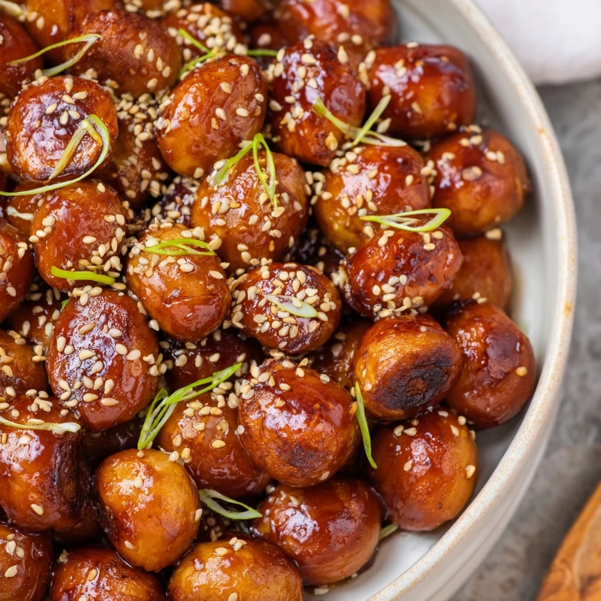 Golden-brown Crispy Honey-Soy Glazed Brussels Sprouts served on a platter, ready to enjoy as a side dish.