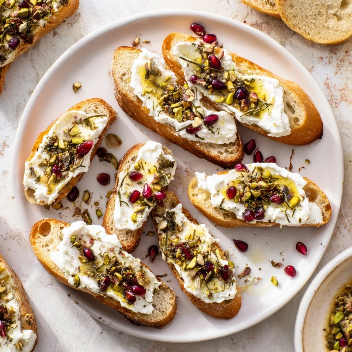 Golden-brown Festive Pomegranate and Goat Cheese Crostini topped with vibrant red pomegranate and fresh mint.
