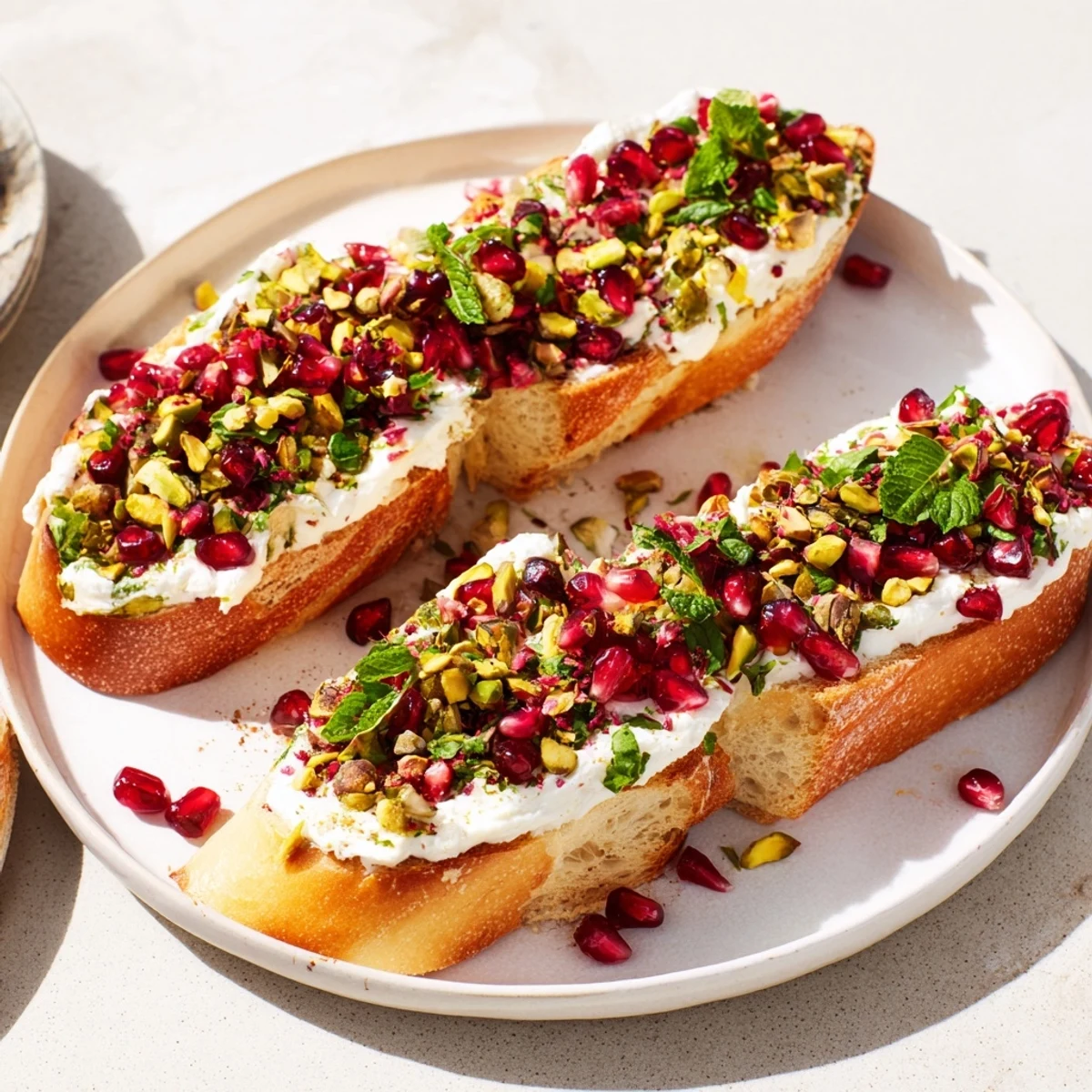 Close-up shot shows the delicious layers of Festive Pomegranate and Goat Cheese Crostini—a delightful holiday appetizer.