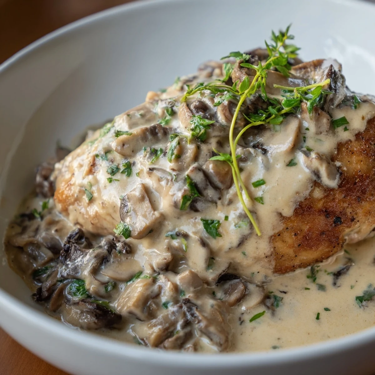 Golden-brown skillet-seared chicken breast, drizzled in rich mushroom cream sauce, ready to serve and enjoy.