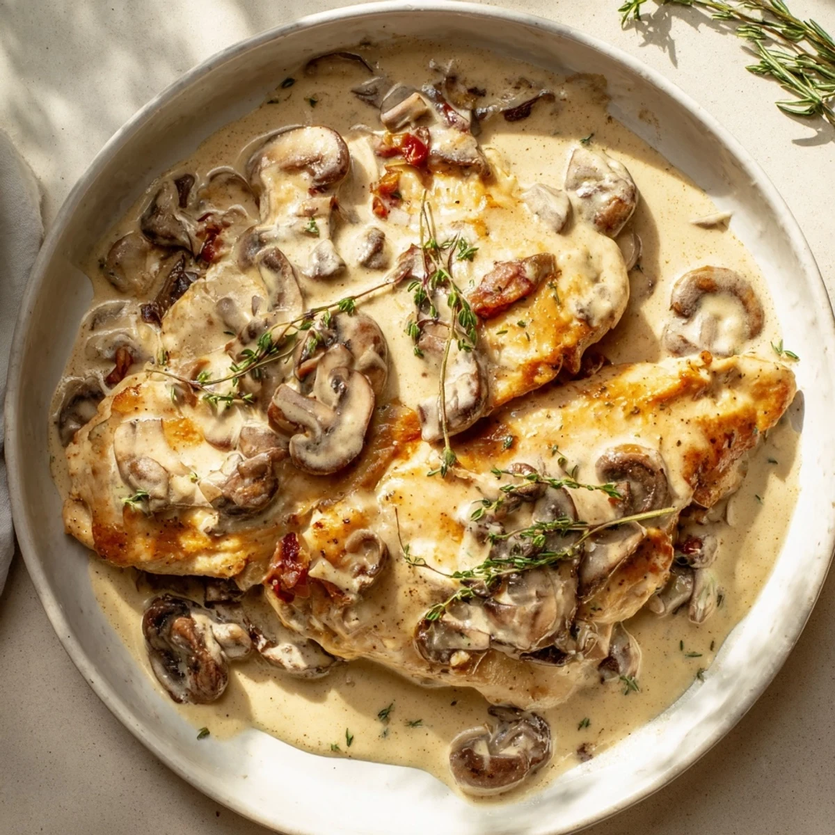 Tender skillet-seared chicken breast, nestled in a creamy, savory mushroom sauce, is a delicious comfort food.