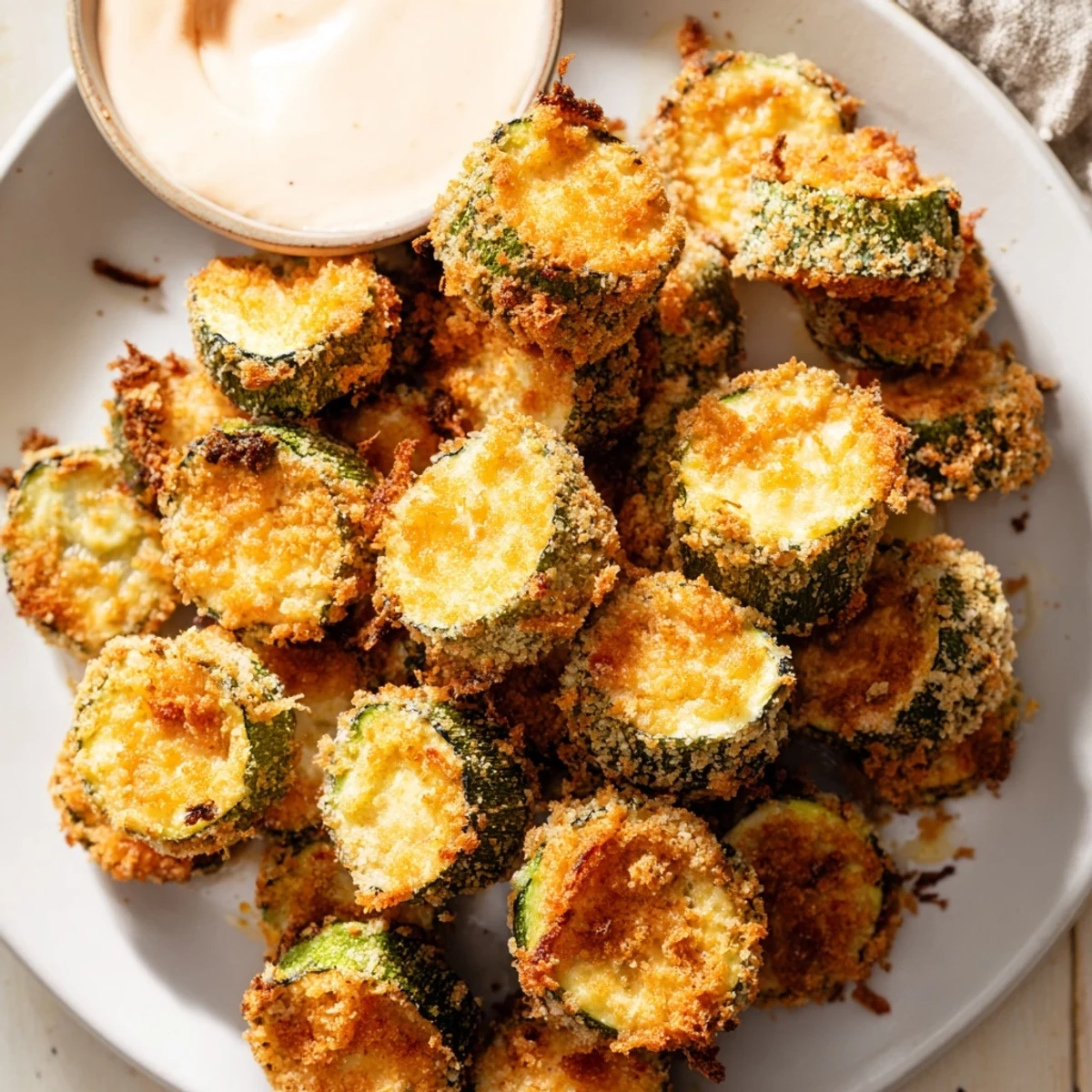 Close-up photo of delicious, crispy baked zucchini rounds, a healthy appetizer with a spicy mayo dip.