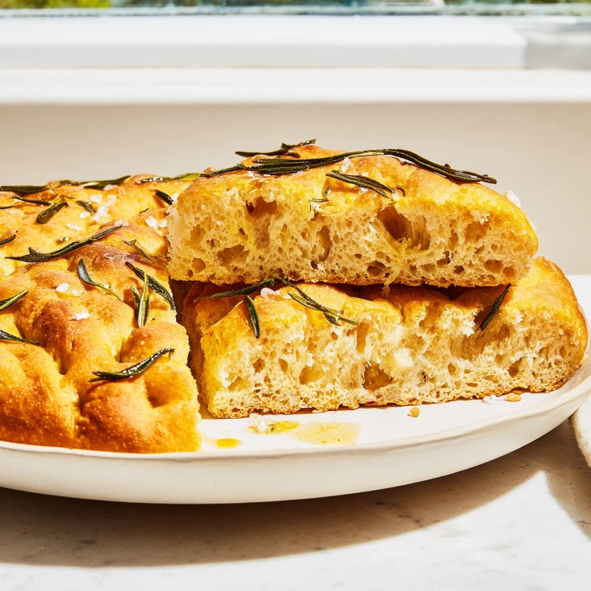 This close-up shows Simple Homemade Focaccia, a savory Italian flatbread with sea salt and herbs, ready to bake.