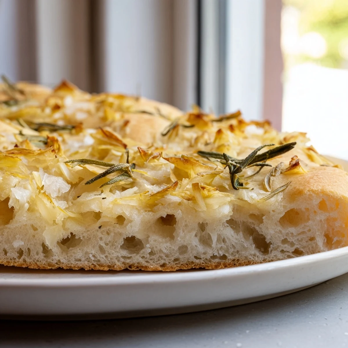 Golden, bubbly Simple Homemade Focaccia with rosemary and sea salt, ready to serve as a delicious appetizer.