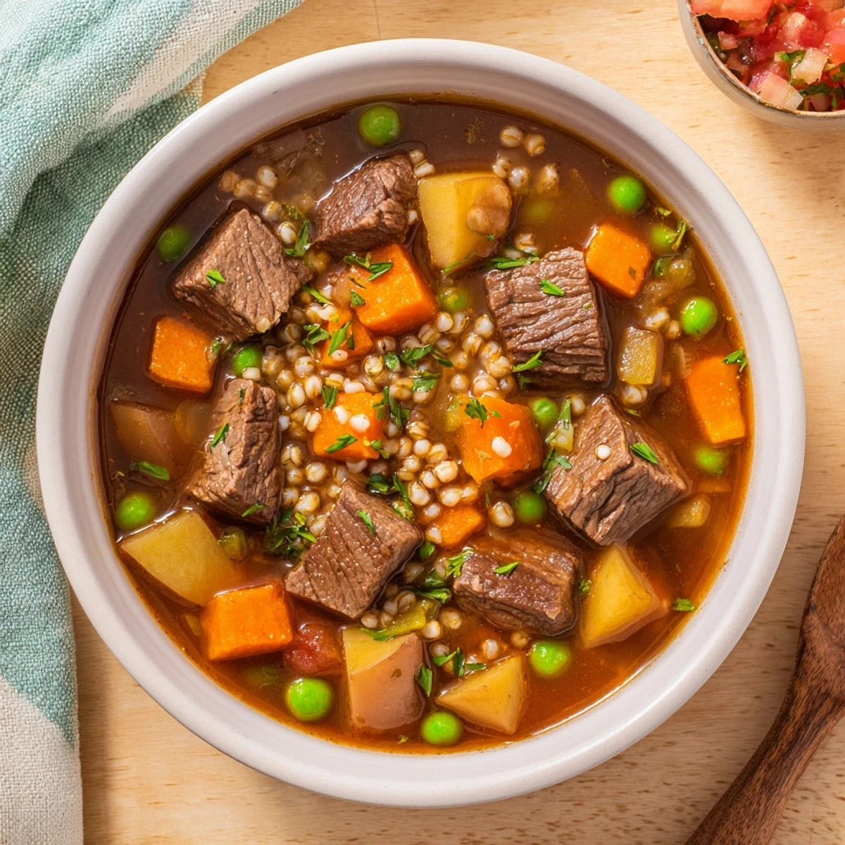 Steaming One-Pot Hearty Beef and Barley Soup with tender beef, barley, and fresh herbs, ready to serve.