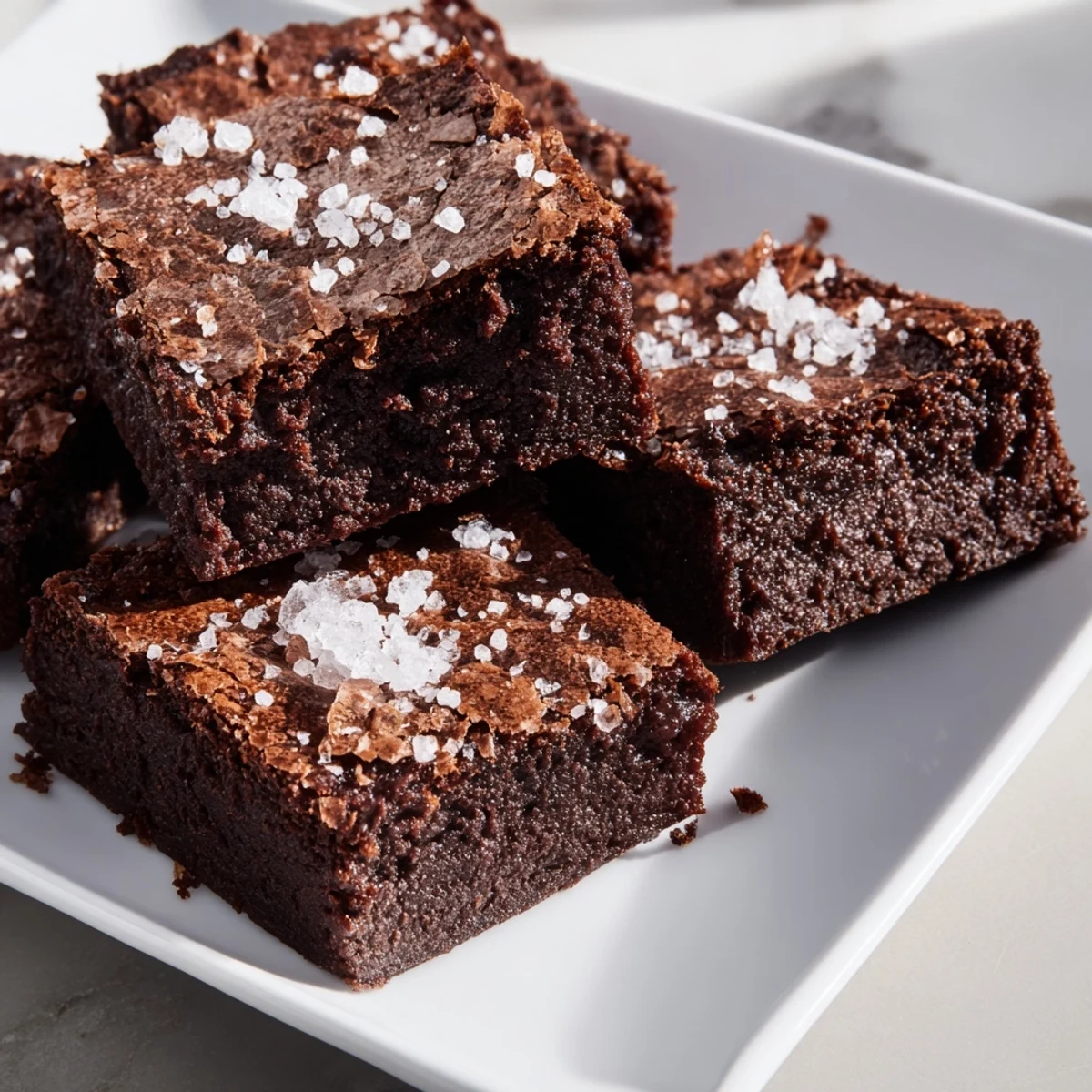 Fudgy homemade dark chocolate and sea salt brownies, topped with crunchy sea salt and ready to eat.