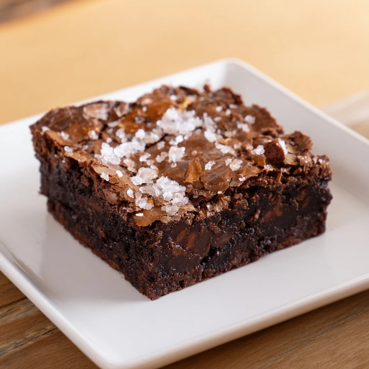 Fresh-baked homemade dark chocolate and sea salt brownies displaying a perfect crackly top, delicious!