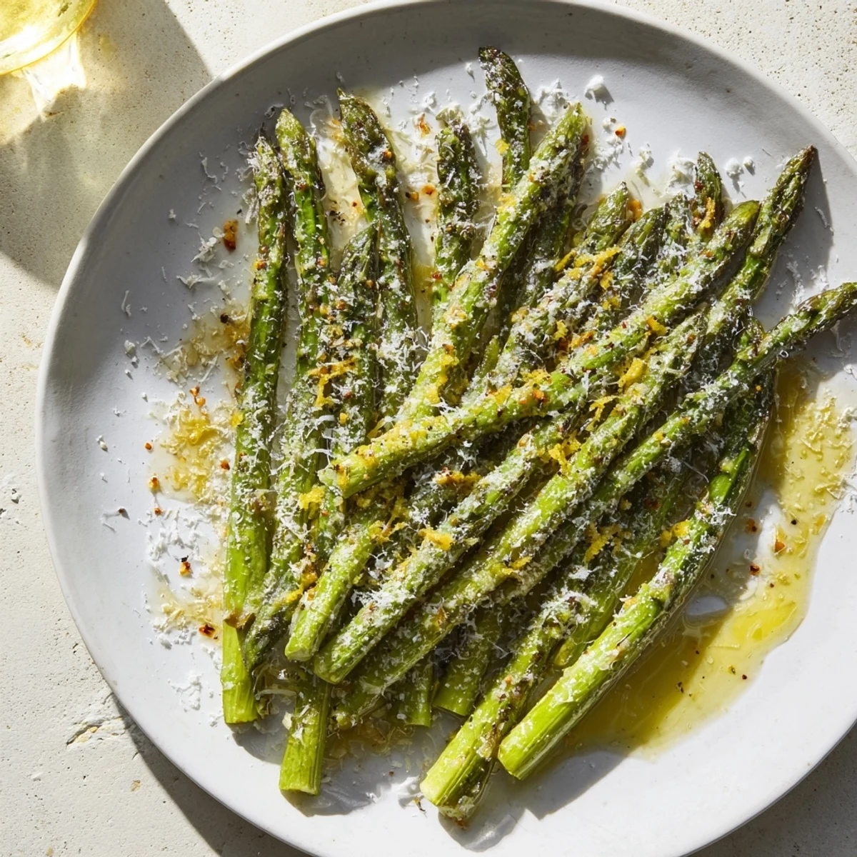Golden-brown Roasted Asparagus with Lemon Zest, beautifully plated with Parmesan and fresh parsley.