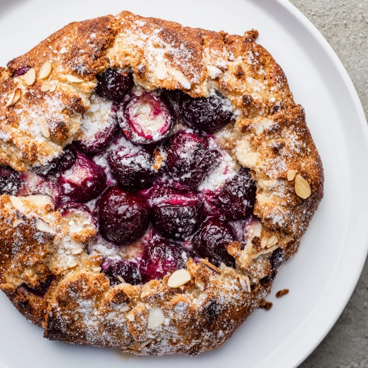 Golden-crusted Rustic Cherry and Vanilla Almond Galette, bubbling with sweet, juicy cherry filling, ready to serve.