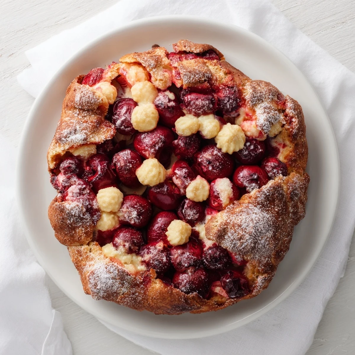 Imagine the aroma: a warm Rustic Cherry and Vanilla Almond Galette with a flaky crust, perfect for dessert.