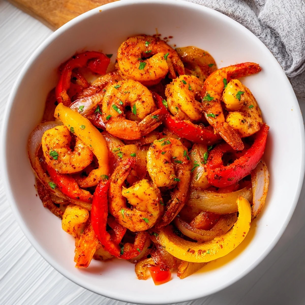Golden brown Easy Sheet Pan Shrimp Fajitas with colorful peppers ready to serve with warm tortillas.
