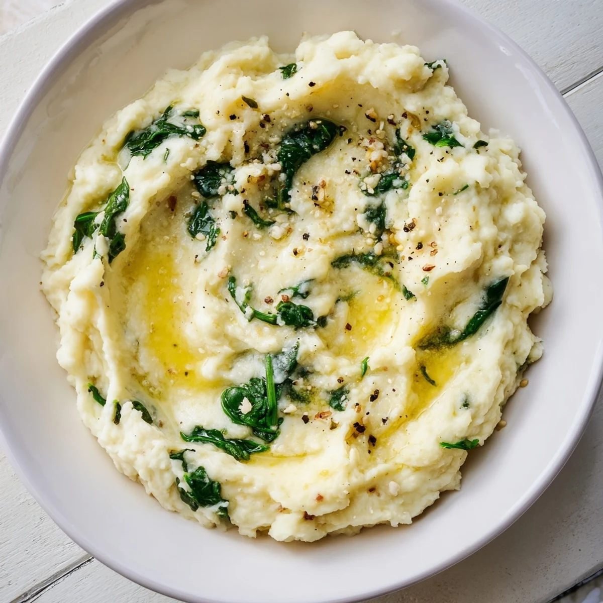 Fluffy Creamy Spinach and Parmesan Mashed Potatoes, a veggie-packed dish ready to grace your dinner table.