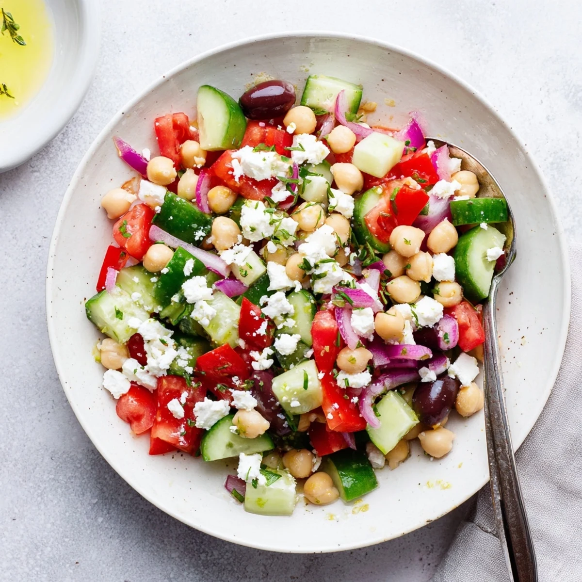Refreshing Fresh Mediterranean Salad with chickpeas, olives, and feta cheese, ready to eat.