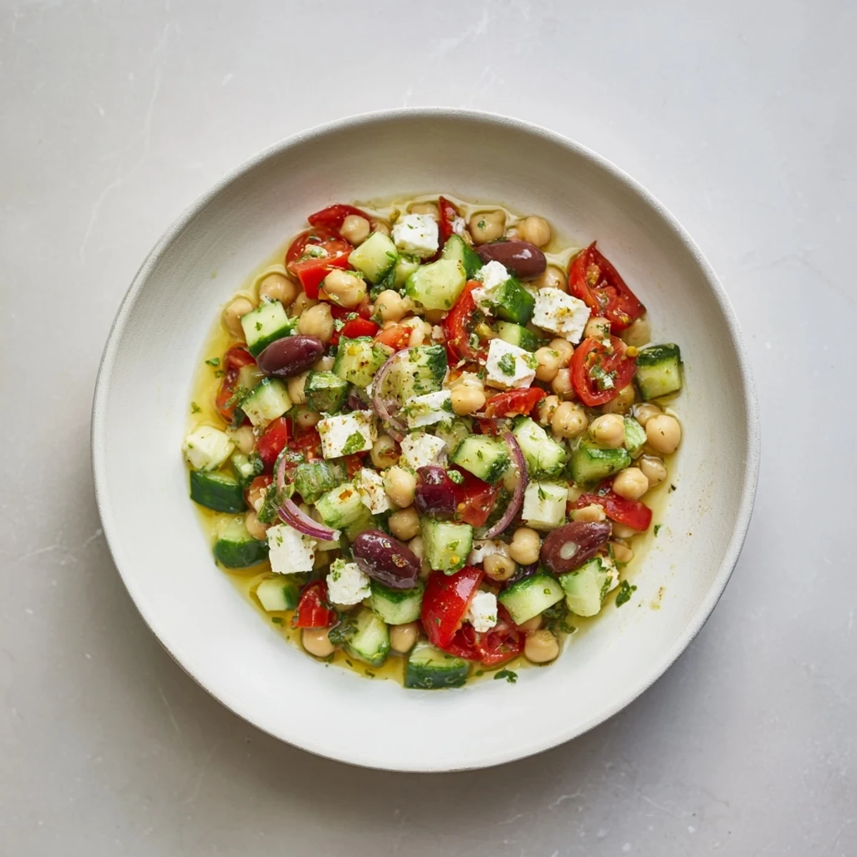 A colorful close-up of Fresh Mediterranean Salad, showcasing olives, tomatoes, and bright dressing.