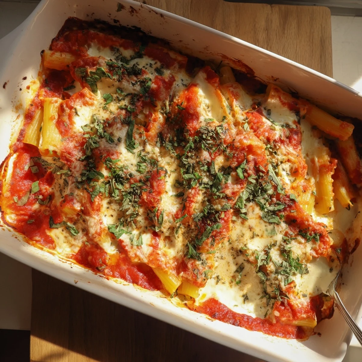 Steaming One-Dish Baked Ziti with melted mozzarella blankets a rich tomato sauce and bubbling cheeses.