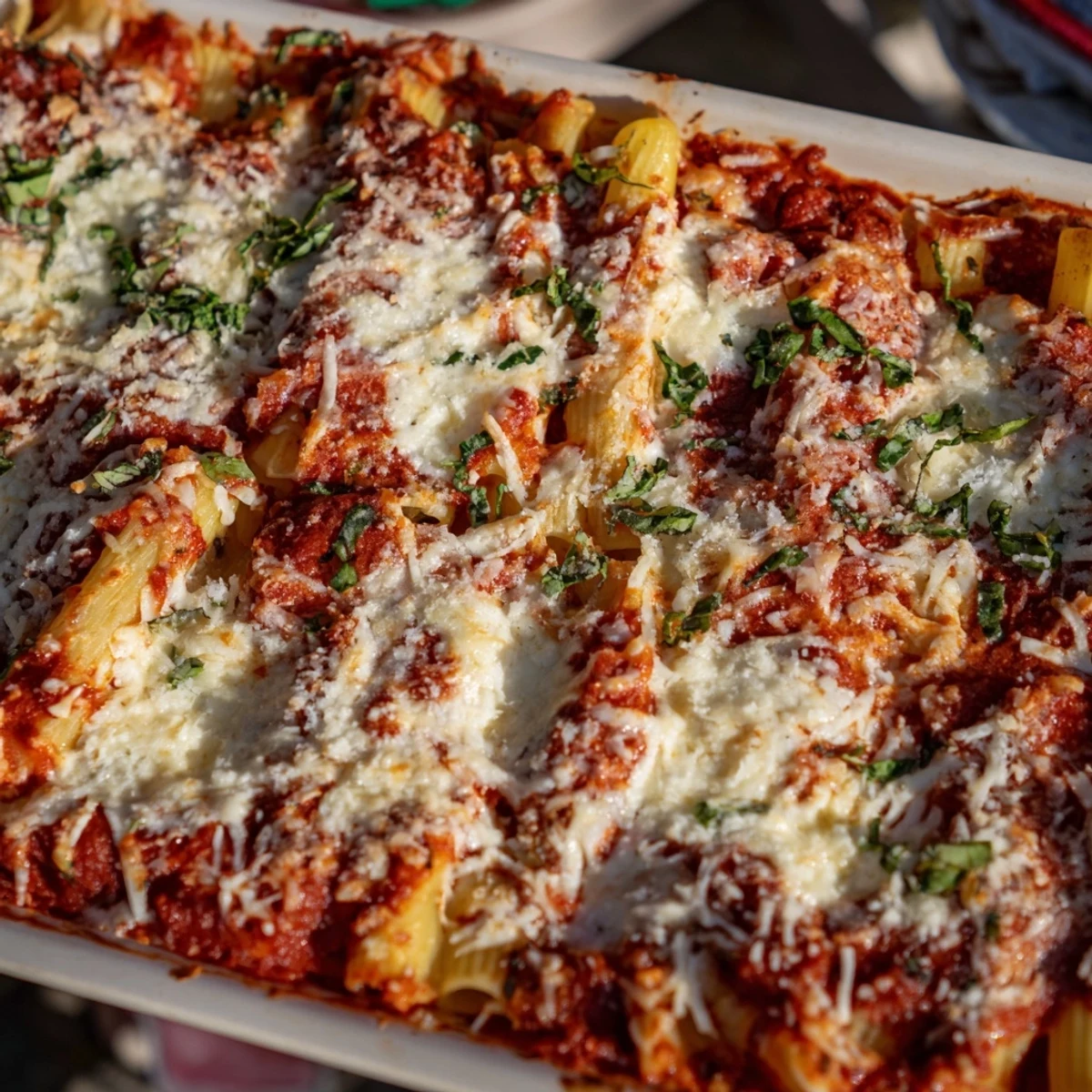 Golden-brown One-Dish Baked Ziti boasts layers of pasta, creamy ricotta, and a perfect, cheesy topping.