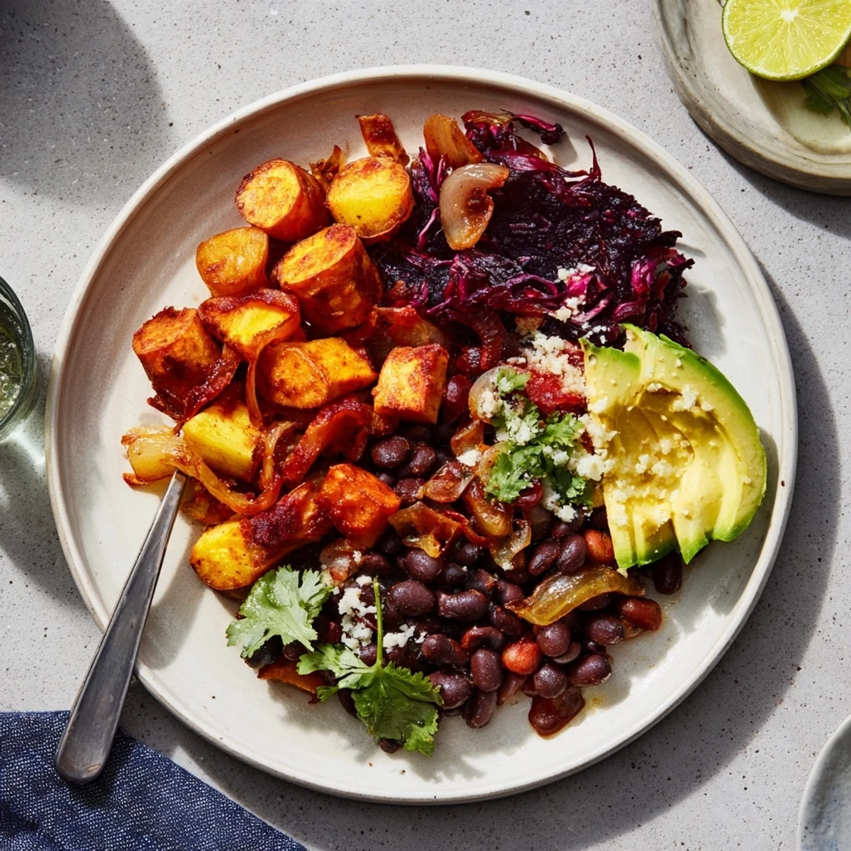 Quick Sweet Potato and Black Bean Tacos with colorful toppings and warm, spiced sweet potatoes.