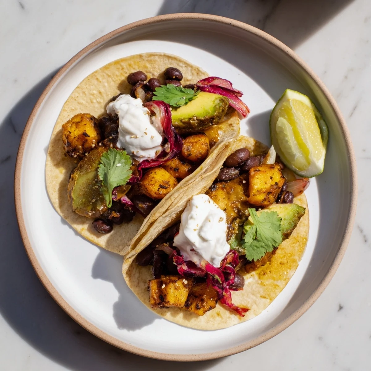 These delicious Quick Sweet Potato and Black Bean Tacos feature creamy avocado and fresh cilantro, ready to enjoy.