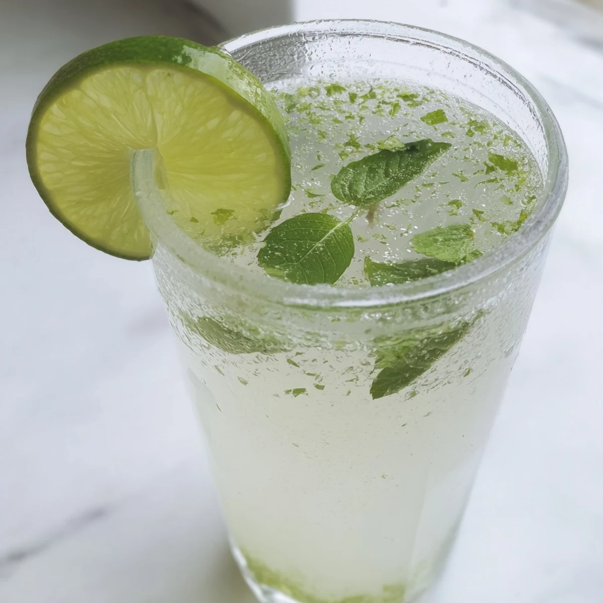 Refreshing Mint Lime Agua Fresca, a pitcher of the bright beverage with mint floating on top.