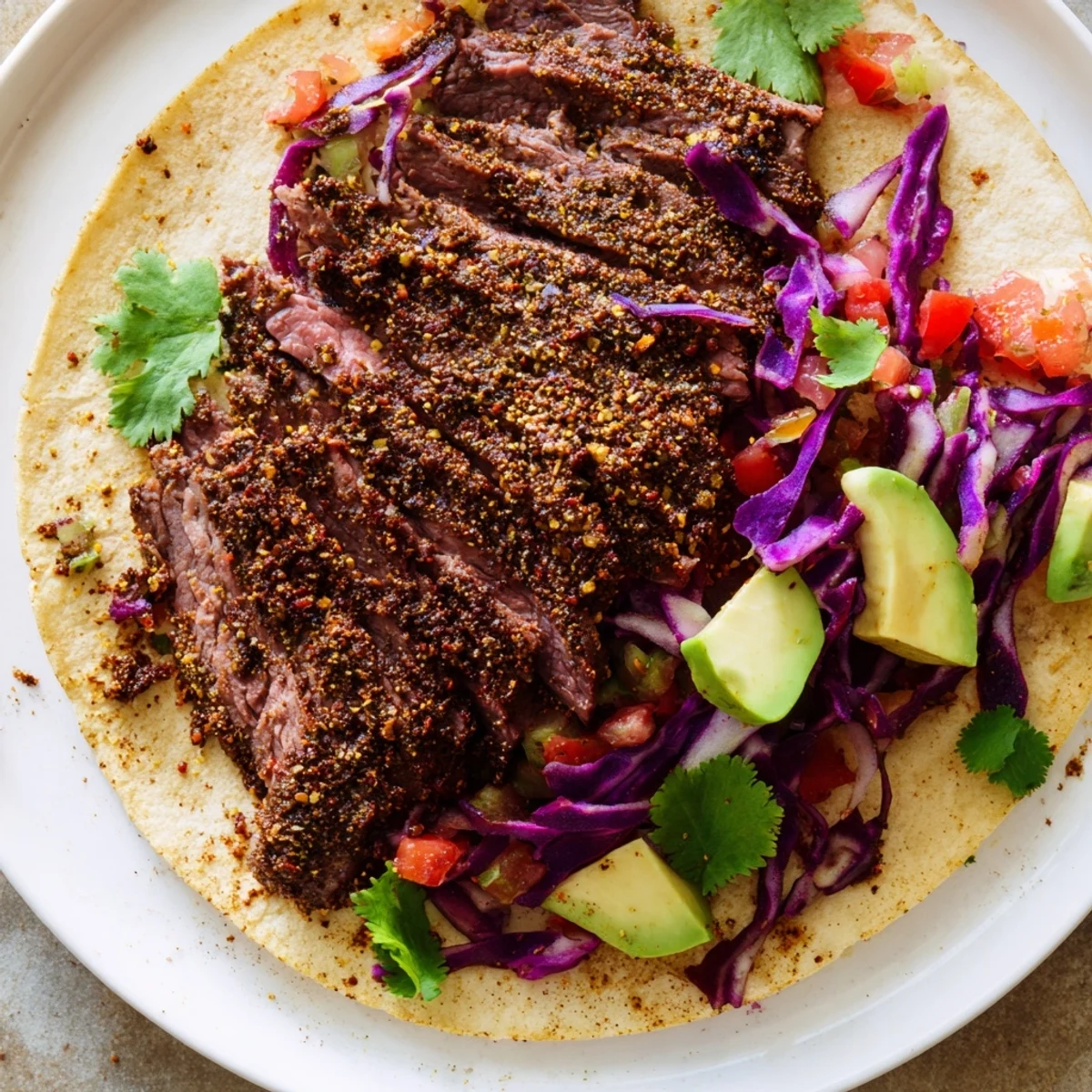 Close-up shot shows juicy, coffee-rubbed steak tacos filled with vibrant toppings, ready to enjoy.