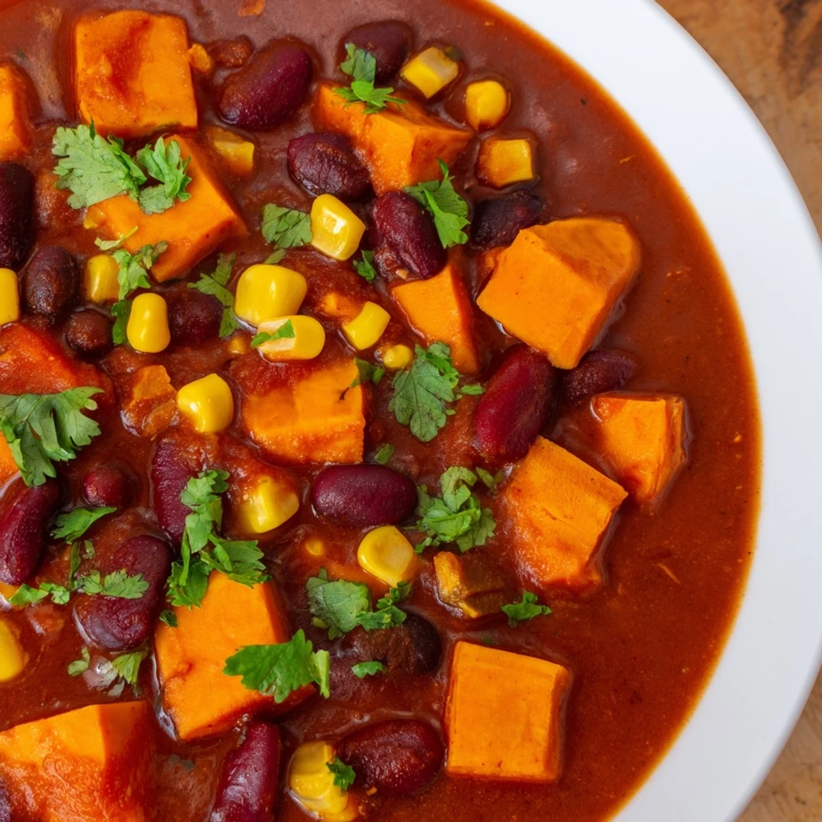 Steaming bowl of Smoky Sweet Potato Chili, brimming with beans, veggies, and savory aroma.