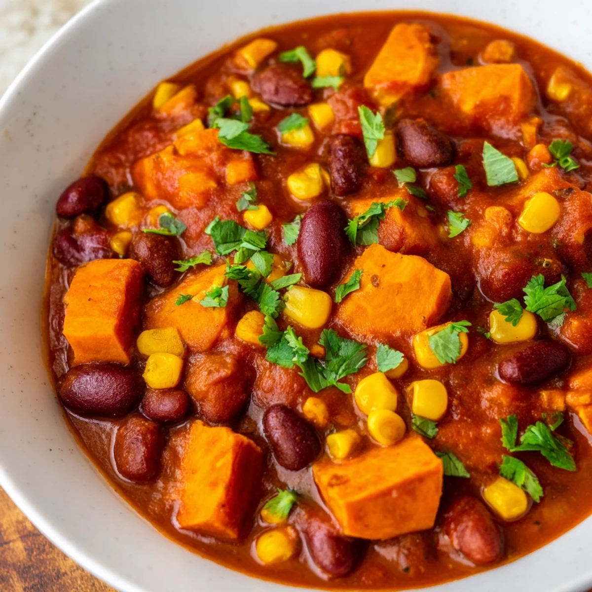 Enjoy a comforting serving of hearty, smoky sweet potato chili, a perfect vegetarian meal.