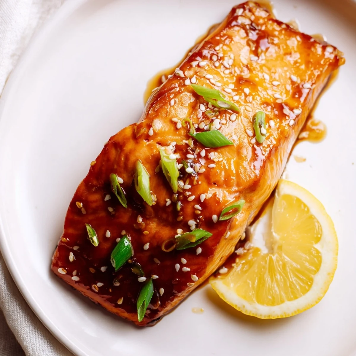 Golden-brown Ginger Soy Glazed Salmon glistening with a sweet, savory glaze, ready to serve alongside rice.