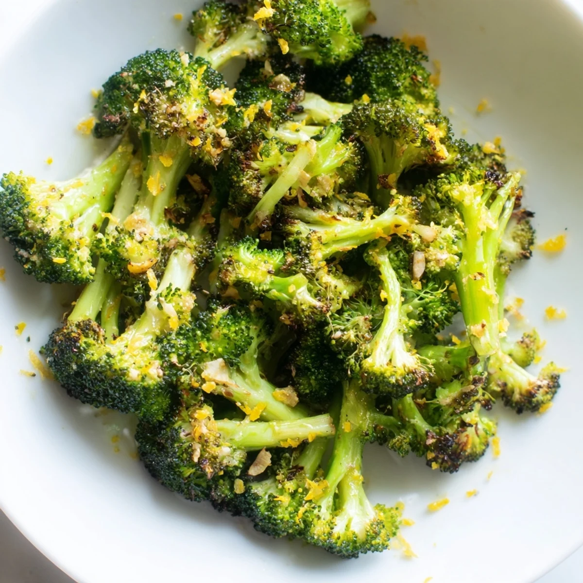 Tender Lemon Garlic Roasted Broccoli glistens on a baking sheet, ready to be served.