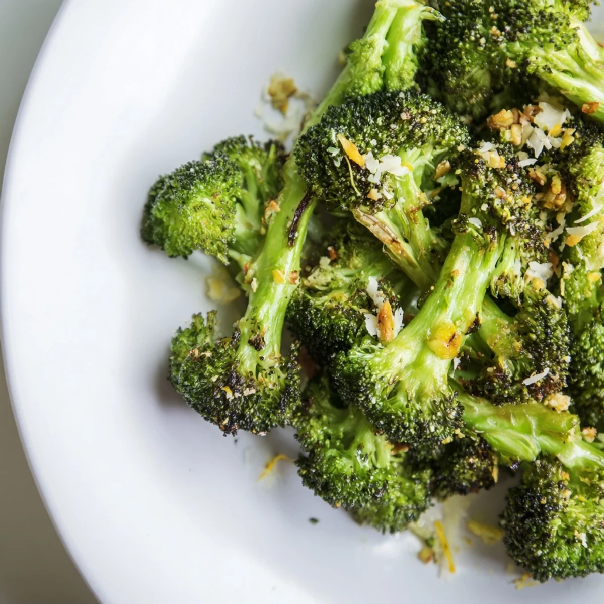 Golden-brown pieces of Lemon Garlic Roasted Broccoli, fragrant with garlic and lemon zest, are pictured.