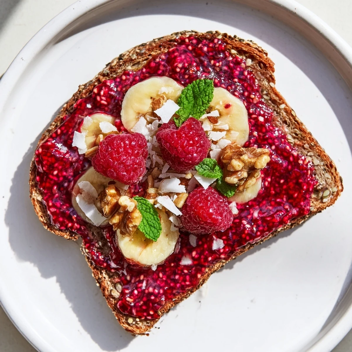 A close-up of delicious raspberry chia jam toast, a wholesome breakfast food idea, vibrant and flavorful.