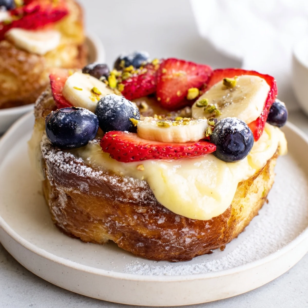 Creamy yogurt custard filling baked into Viral Yogurt Toast, topped with sweet berries ready to eat.
