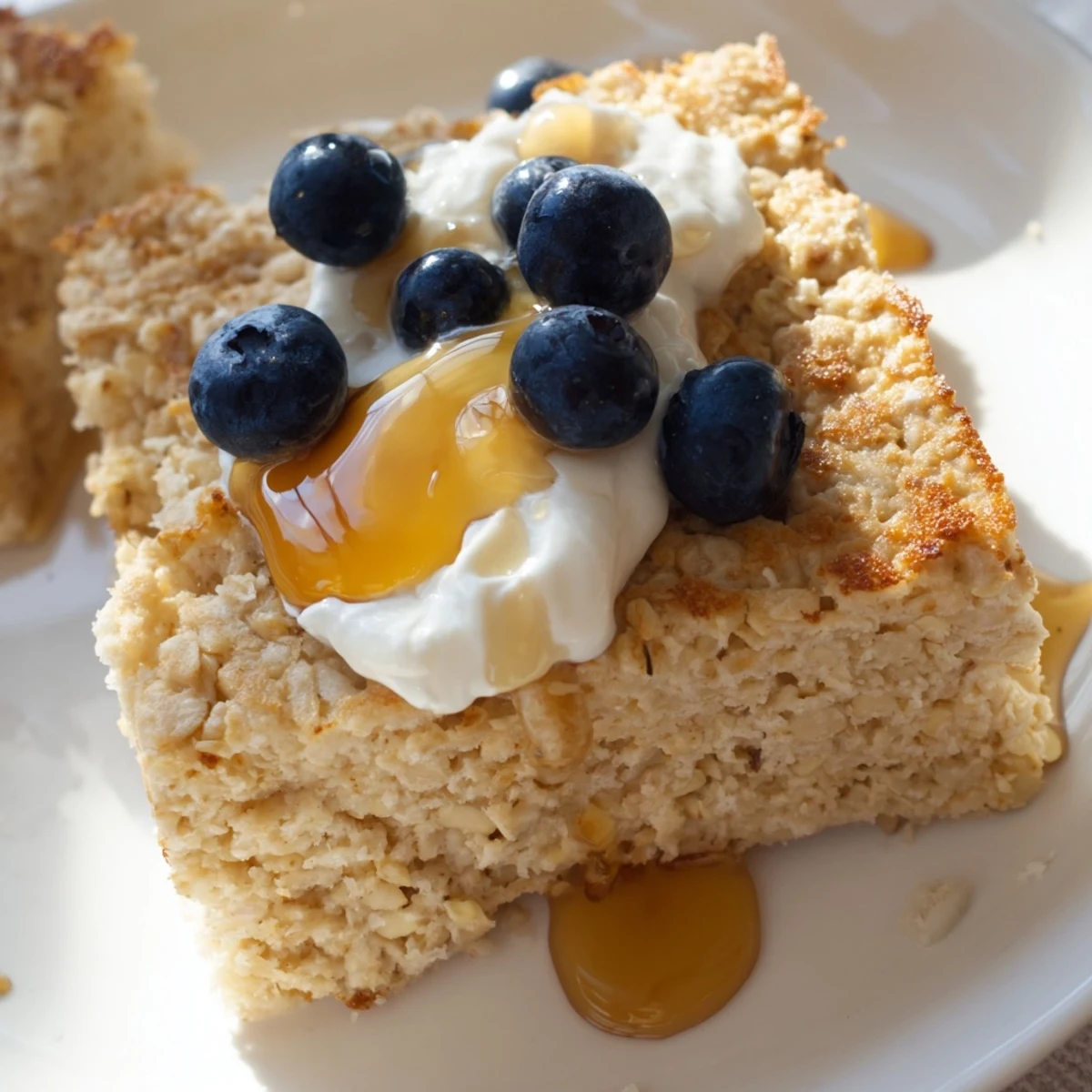 Fluffy, golden brown Protein Pancake Oats, baked with blueberries and ready for a delicious breakfast.