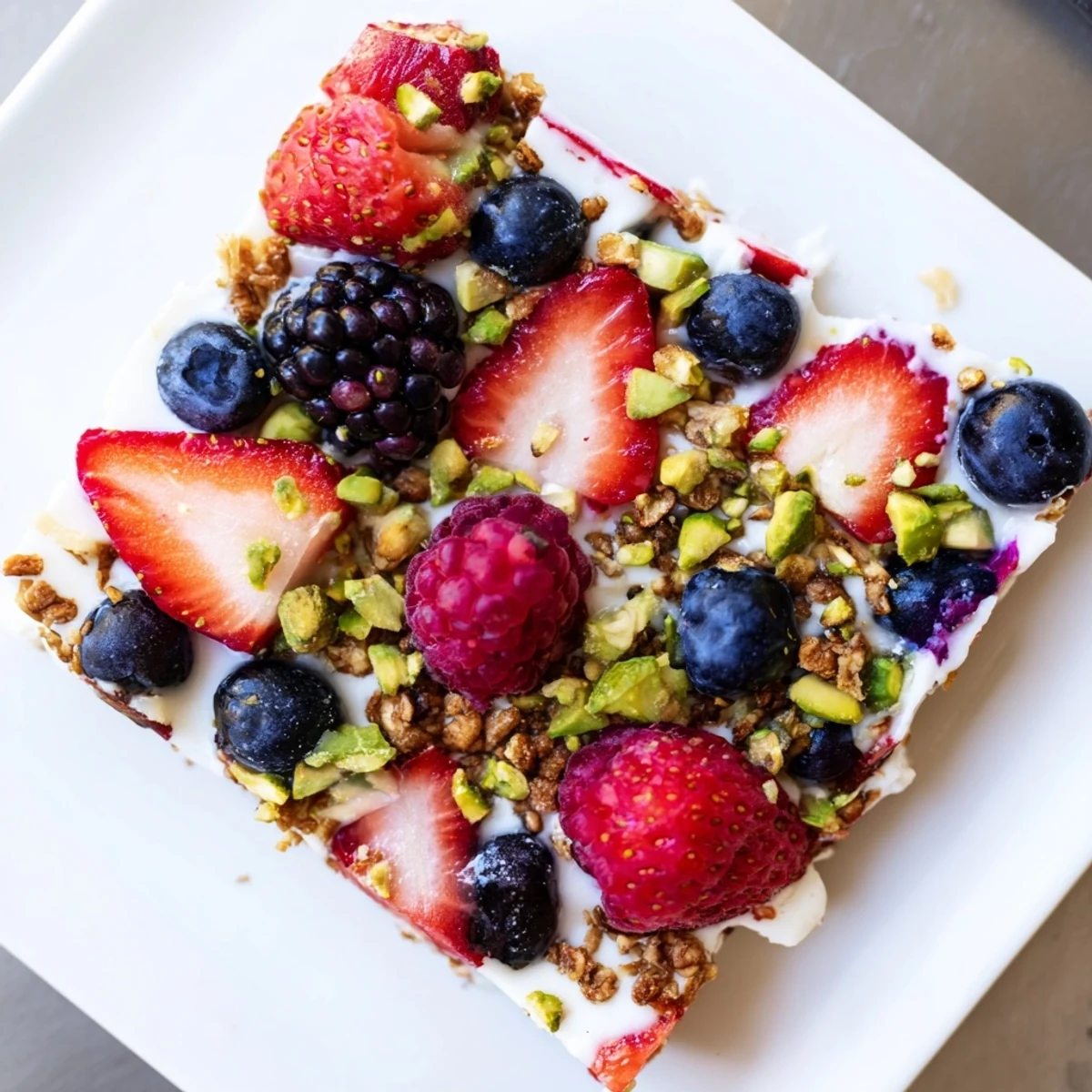 Close-up of frozen fruit yogurt bark with a swirl of purple berries, ready to break and eat.