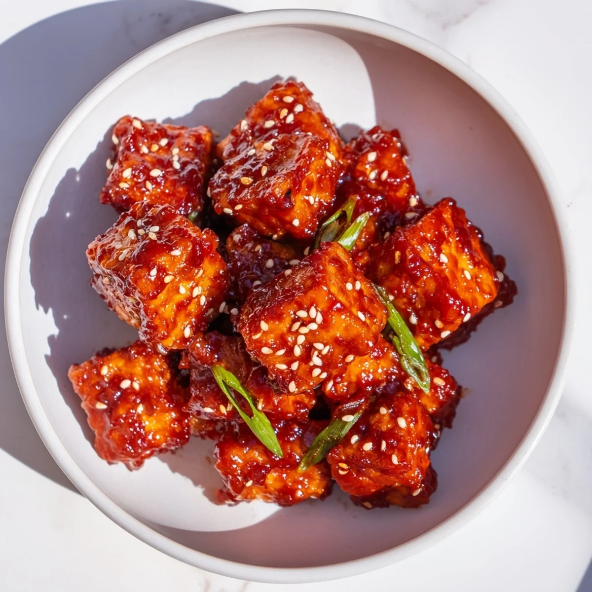 Golden, crispy Honey Gochujang Tofu glistening with a sweet and spicy, vibrant sauce.