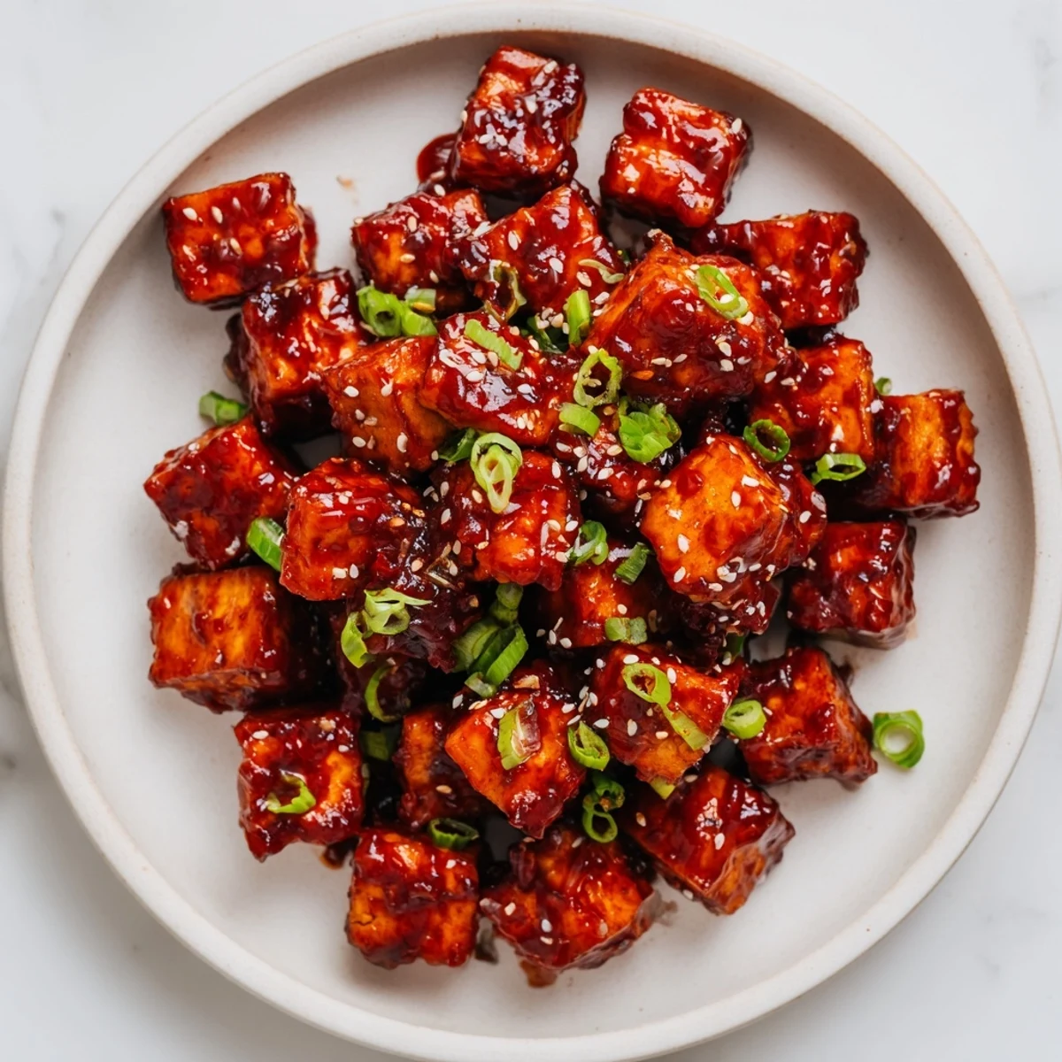 A close-up of sticky Honey Gochujang Tofu, garnished with sesame seeds and green onions, ready to eat.