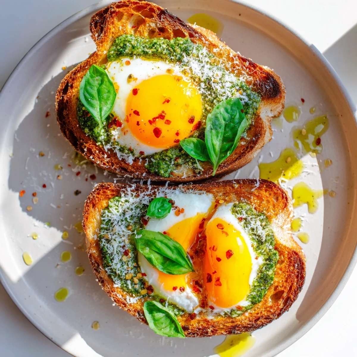Golden pesto egg toast topped with jammy eggs: a simple and delicious breakfast for the day.