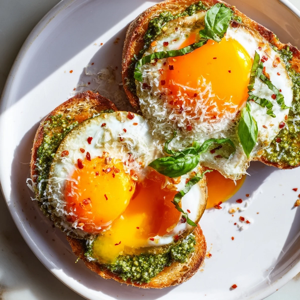 Savory pesto egg toast showcasing vibrant green pesto, creamy yolks and perfectly toasted bread; ready to eat.