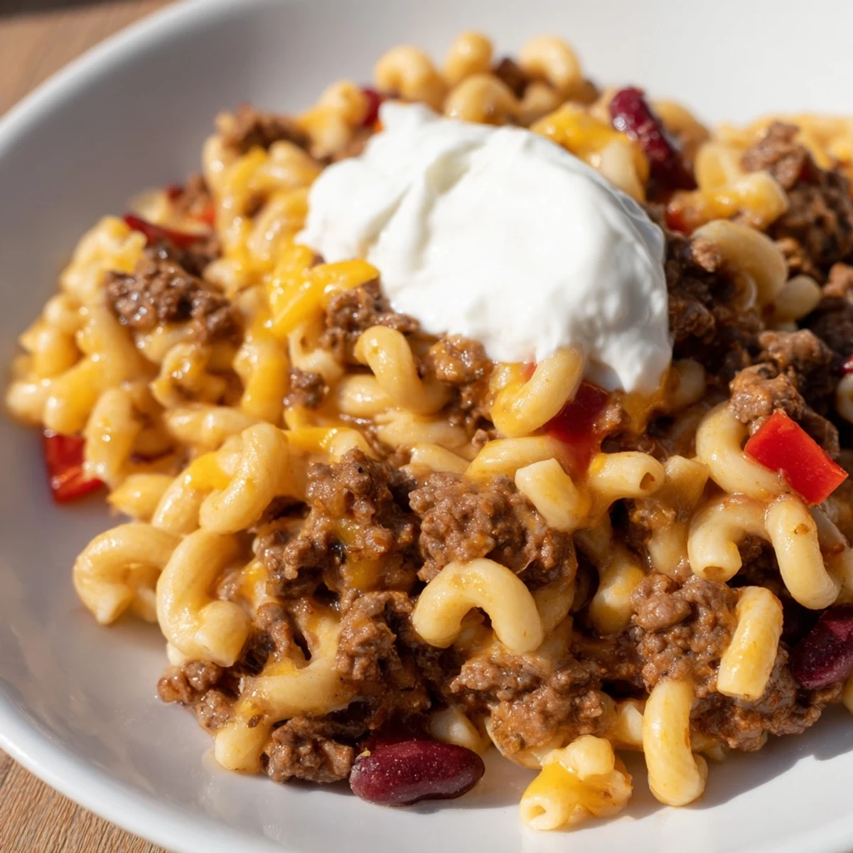 One-Pot Chili Mac bubbling in a Dutch oven, perfect for a hearty and satisfying dinner.