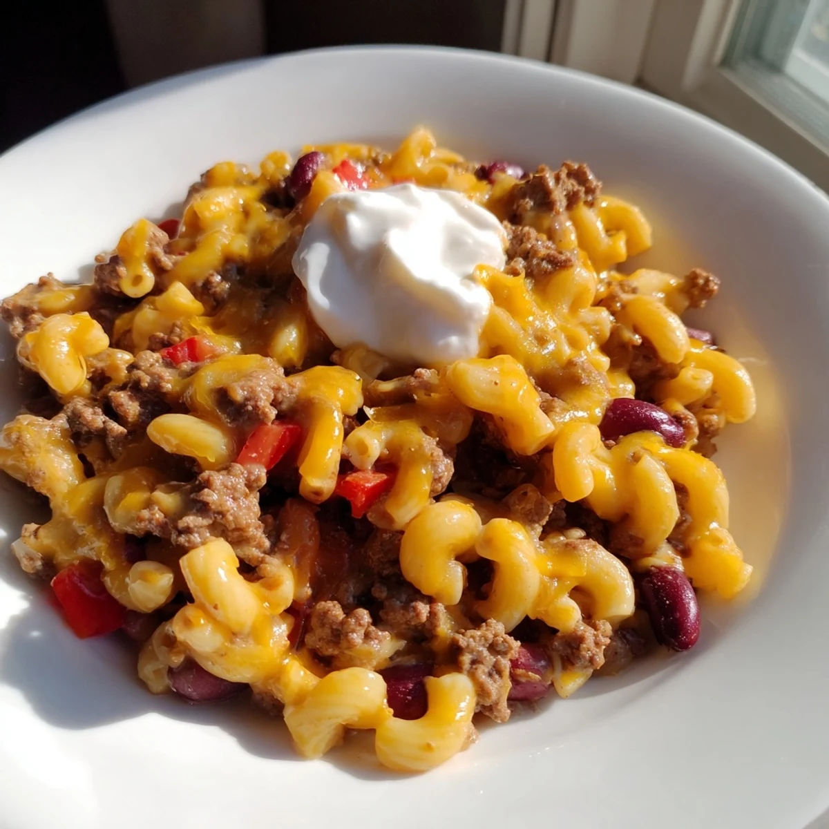 Enjoy a close-up of cheesy One-Pot Chili Mac, a comforting and flavorful family meal.