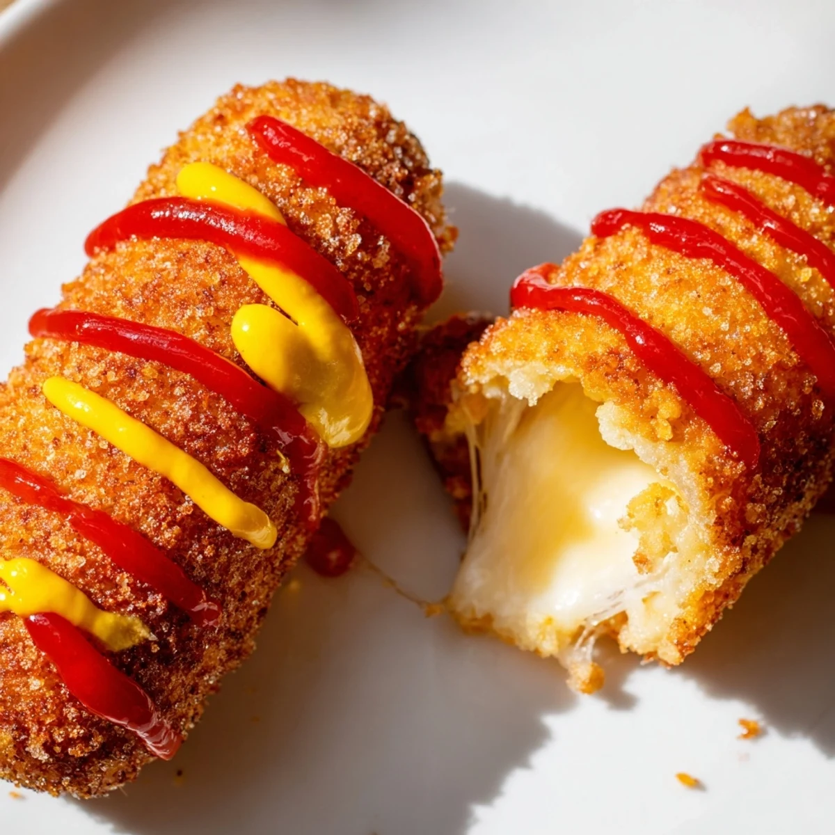 Golden-brown, crispy Cheesy Korean Corn Dogs served with ketchup and mustard, a delicious snack.