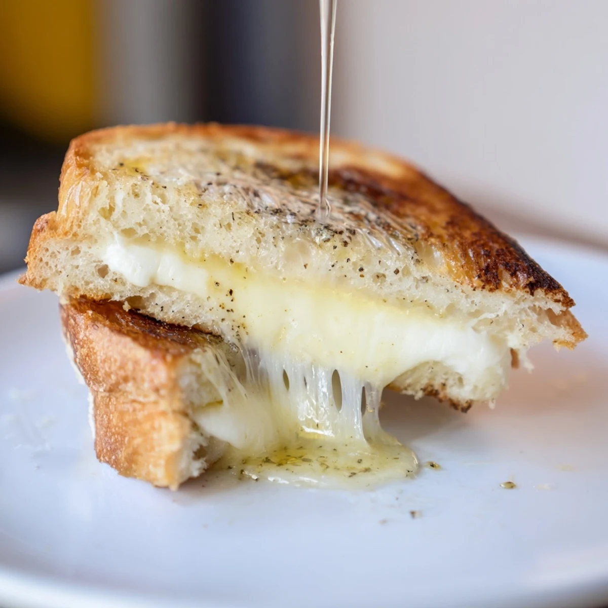 Buttery, crispy truffle oil grilled cheese, showcasing golden bread and bubbling, melted cheese goodness.