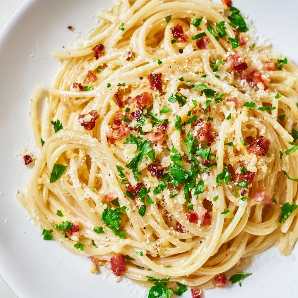 Creamy garlic bacon pasta, a bowl of spaghetti coated in a rich, velvety cream sauce.