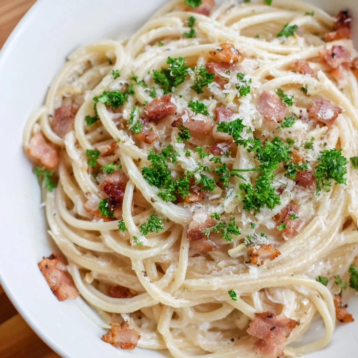 Golden, crispy bacon bits topping a steaming plate of creamy garlic bacon pasta, ready to eat.