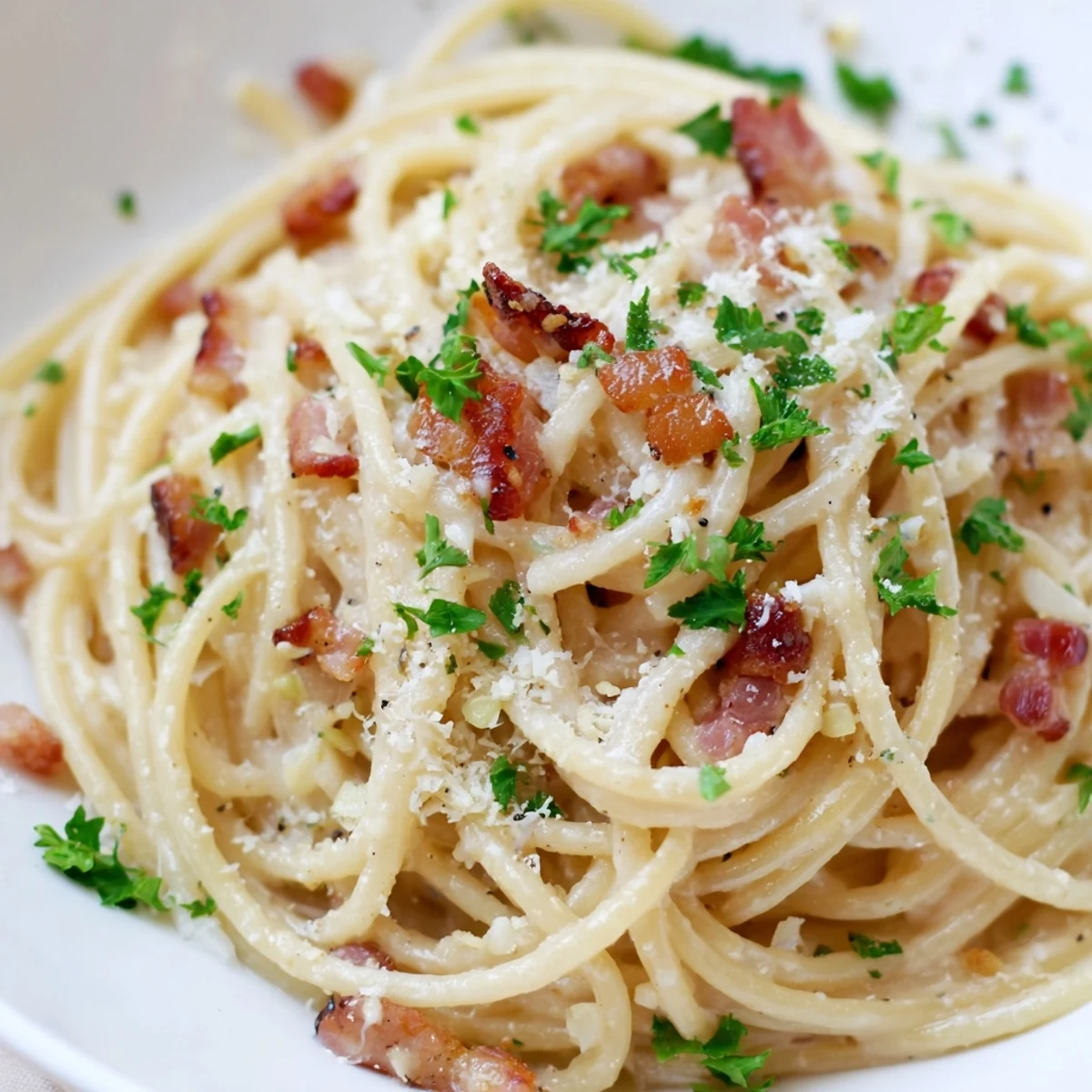 Grated Parmesan and parsley garnish a luscious serving of homemade creamy garlic bacon pasta.