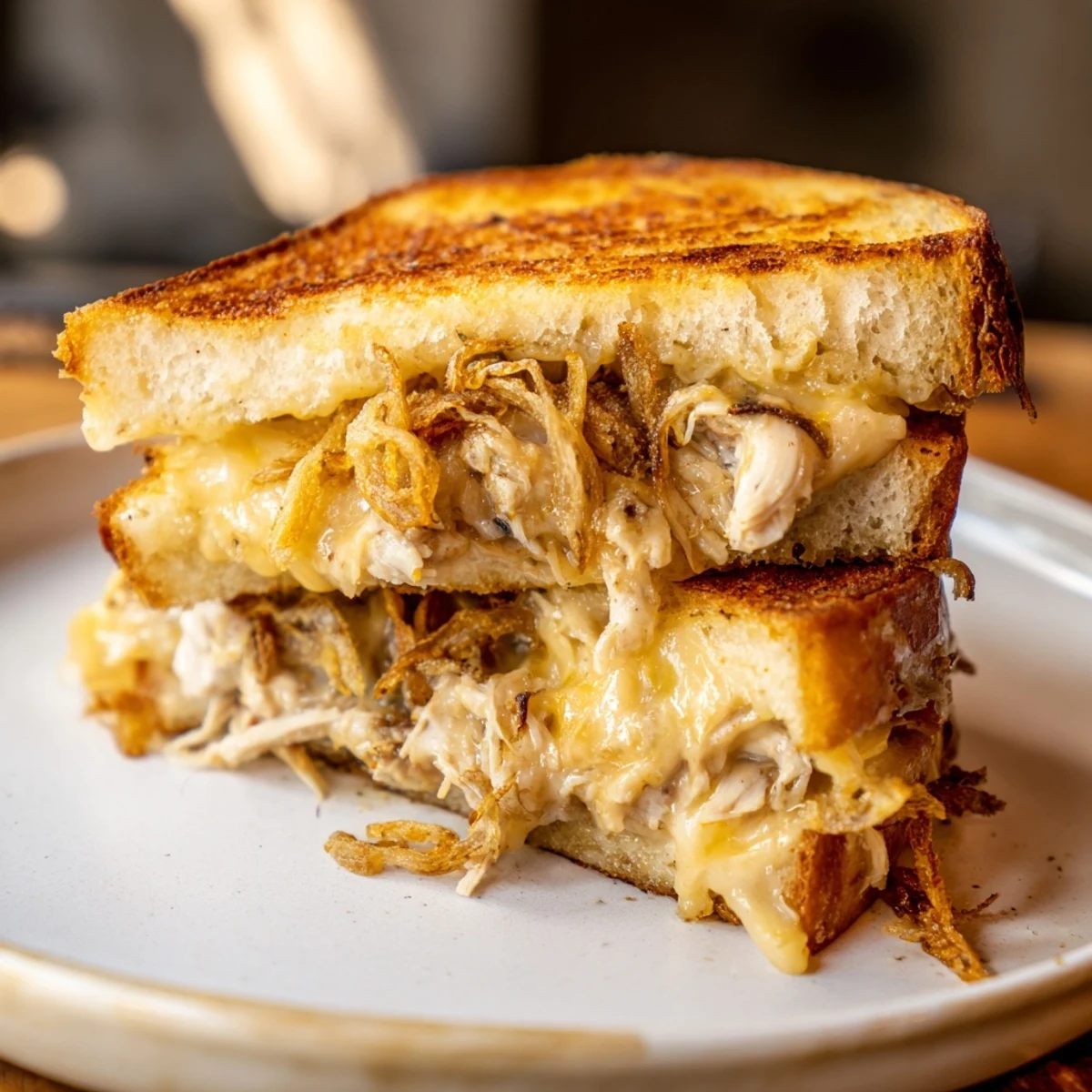 Golden-brown Crispy Shallot Chicken Grilled Cheese sandwich with melted cheese, ready to eat.