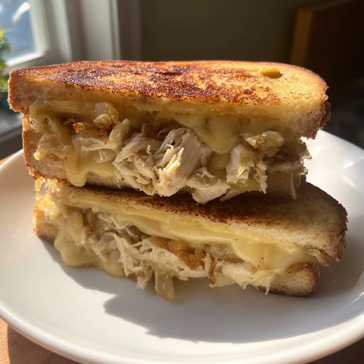 Savory Crispy Shallot Chicken Grilled Cheese, served hot, with oozing melted cheddar and mozzarella.